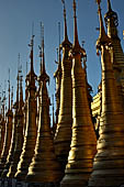 Inle Lake Myanmar. Indein, on the summit of a hill the  Shwe Inn Thein Paya a cluster of hundreds of ancient stupas. Many of them are ruined and overgrown with bushes.